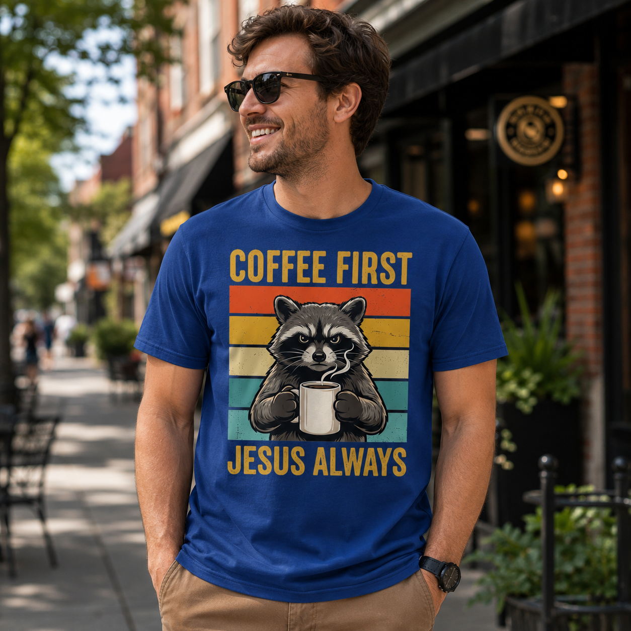 Coffee First Jesus Always Shirt Funny Raccoon Graphic Tee Christian Coffee Lover Gift