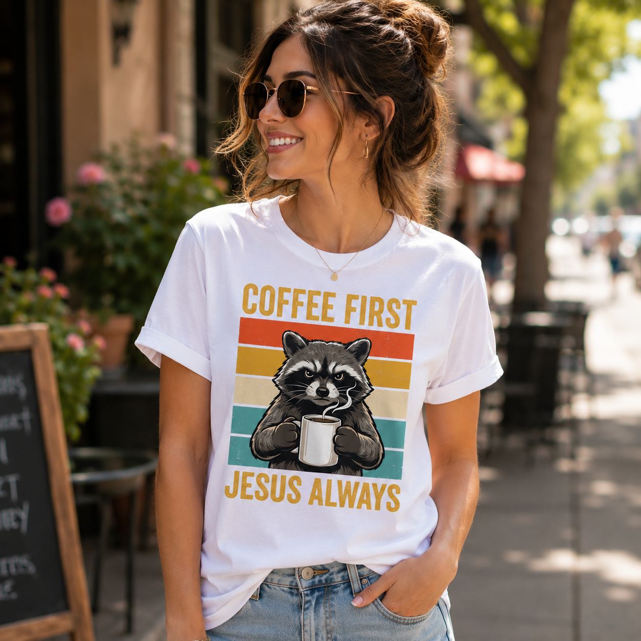 Coffee First Jesus Always Shirt Funny Raccoon Graphic Tee Christian Coffee Lover Gift