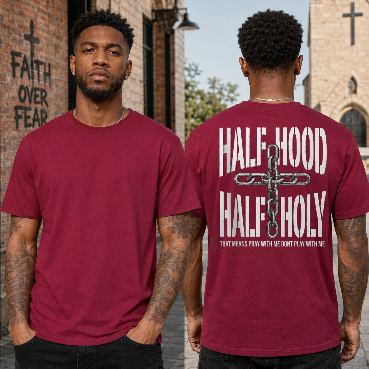 Half Hood Half Holy Shirt Funny Christian Graphic Tee Faith Gift For Men