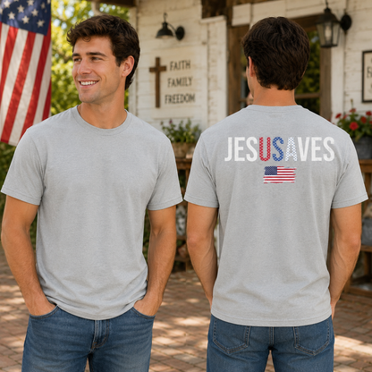 Jesus Saves USA Shirt American Flag Christian Graphic Tee Patriotic Faith Gift For Men