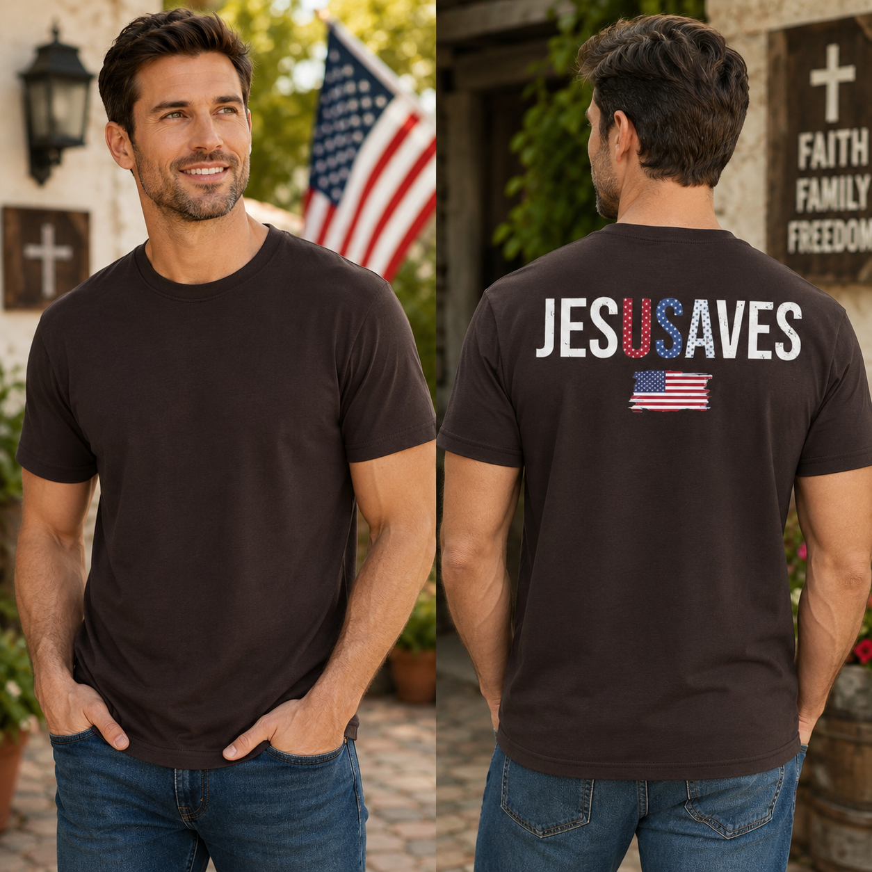Jesus Saves USA Shirt American Flag Christian Graphic Tee Patriotic Faith Gift For Men