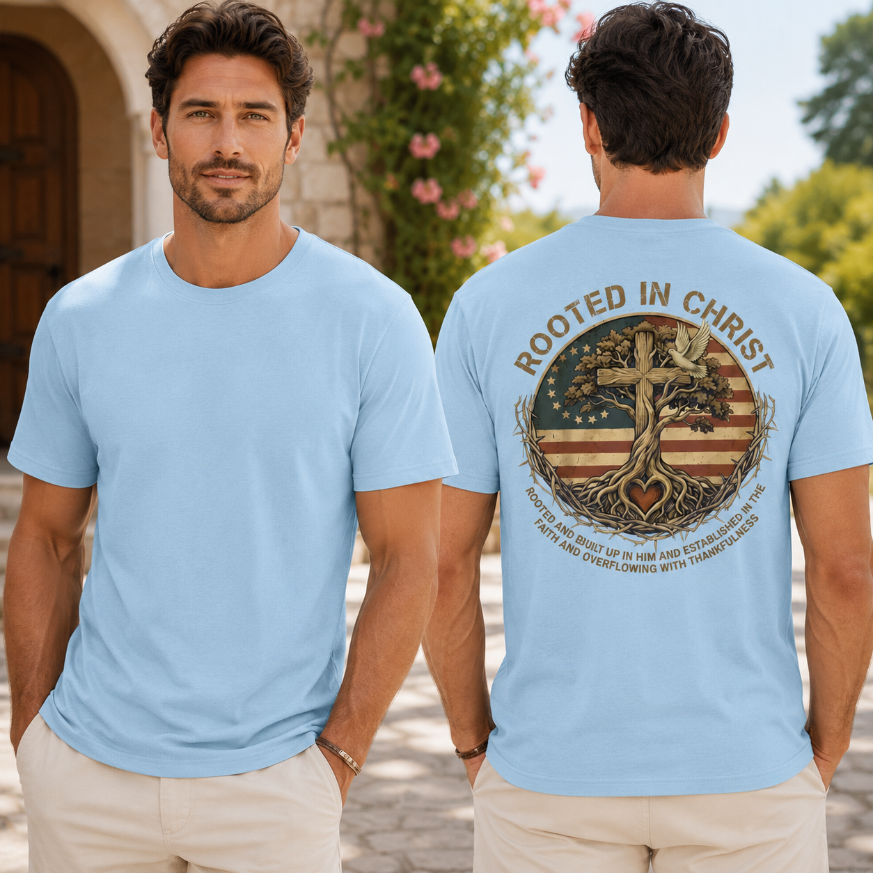 Rooted In Christ Shirt Vintage Christian Cross Graphic Tee Tree Of Life Faith Gift For Men