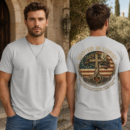 Rooted In Christ Shirt Vintage Christian Cross Graphic Tee Tree Of Life Faith Gift For Men