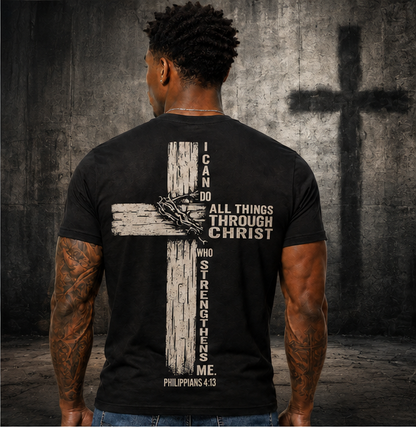 I Can Do All Things Through Christ Shirt Philippians 4:13 Christian Cross Graphic Tee for Men