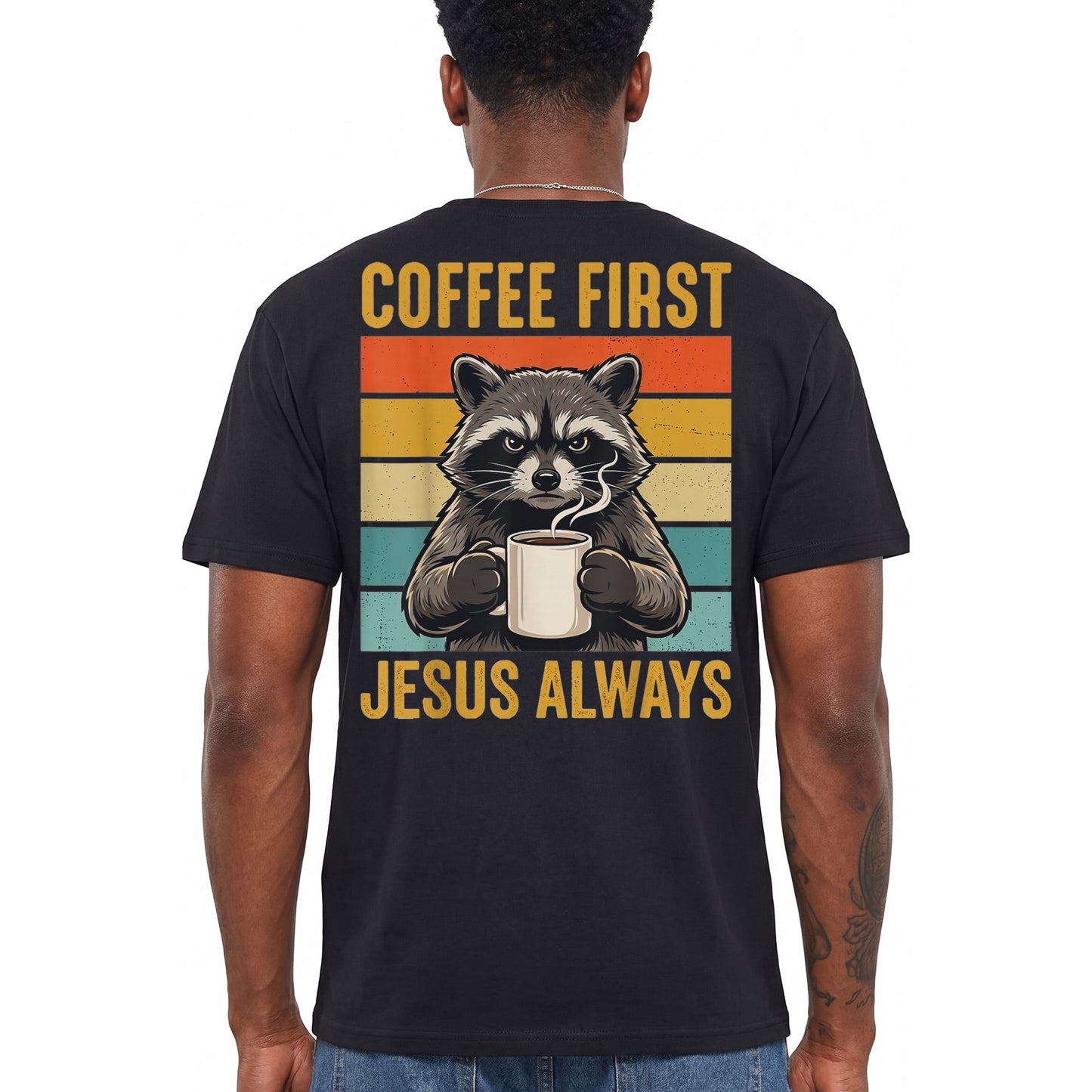 Coffee First Jesus Always Shirt Funny Raccoon Graphic Tee Christian Coffee Lover Gift