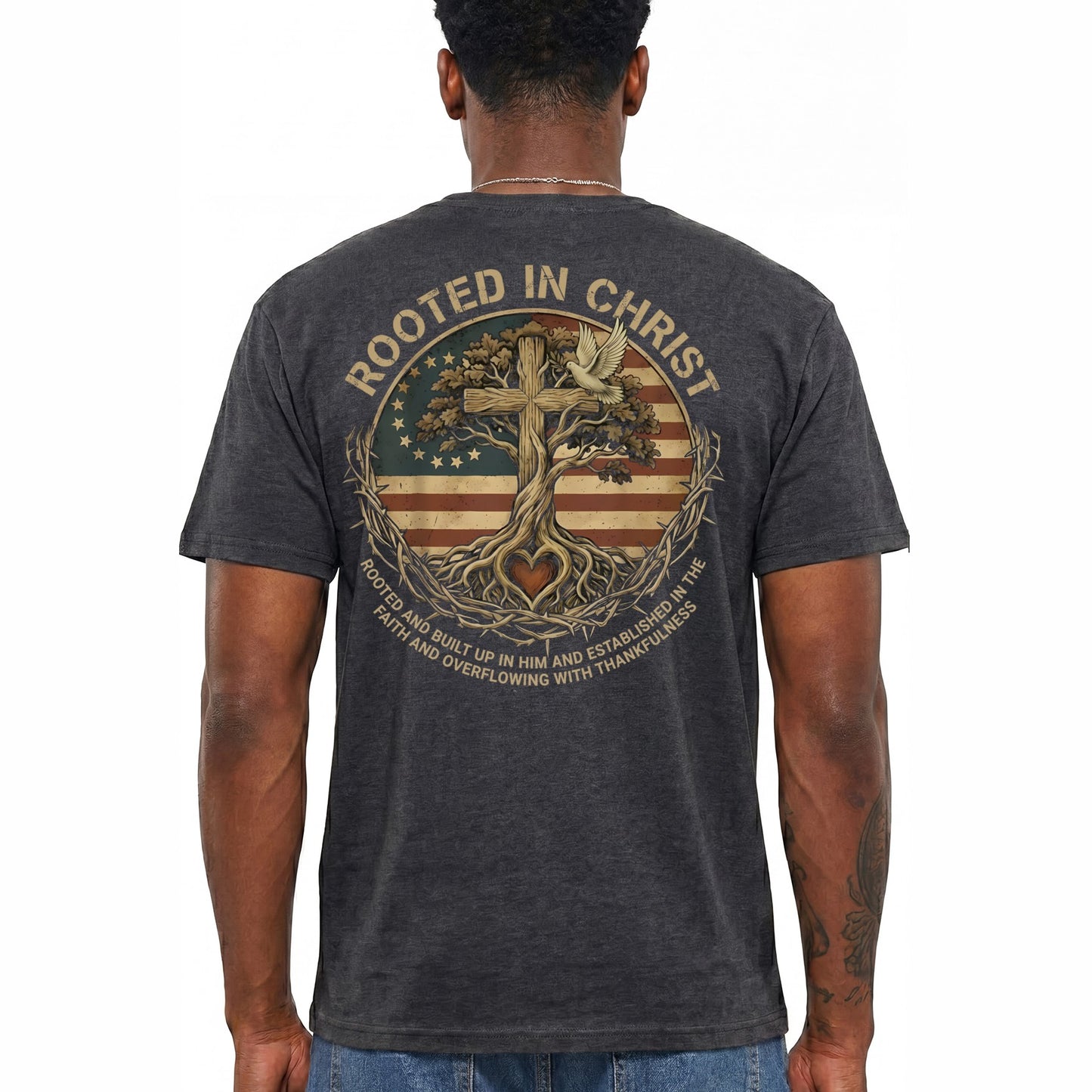 Rooted In Christ Shirt Vintage Christian Cross Graphic Tee Tree Of Life Faith Gift For Men