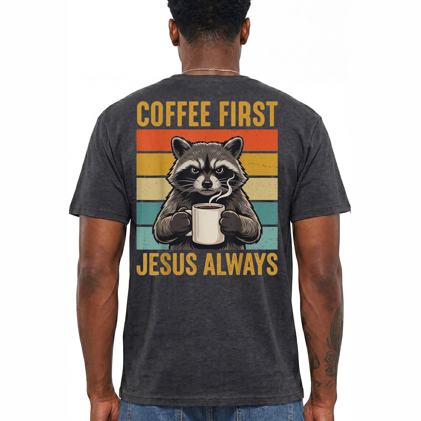 Coffee First Jesus Always Shirt Funny Raccoon Graphic Tee Christian Coffee Lover Gift