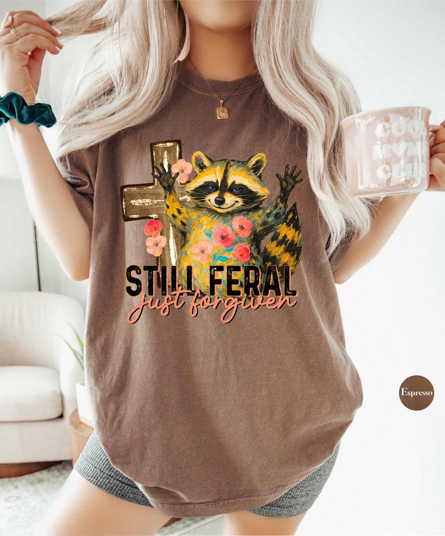 Funny Still Feral Just Forgiven Comfort Colors® Shirt | Christian Raccoon TShirt | Vintage Funny Faith Shirt | Religious Apparel Shirt Tee