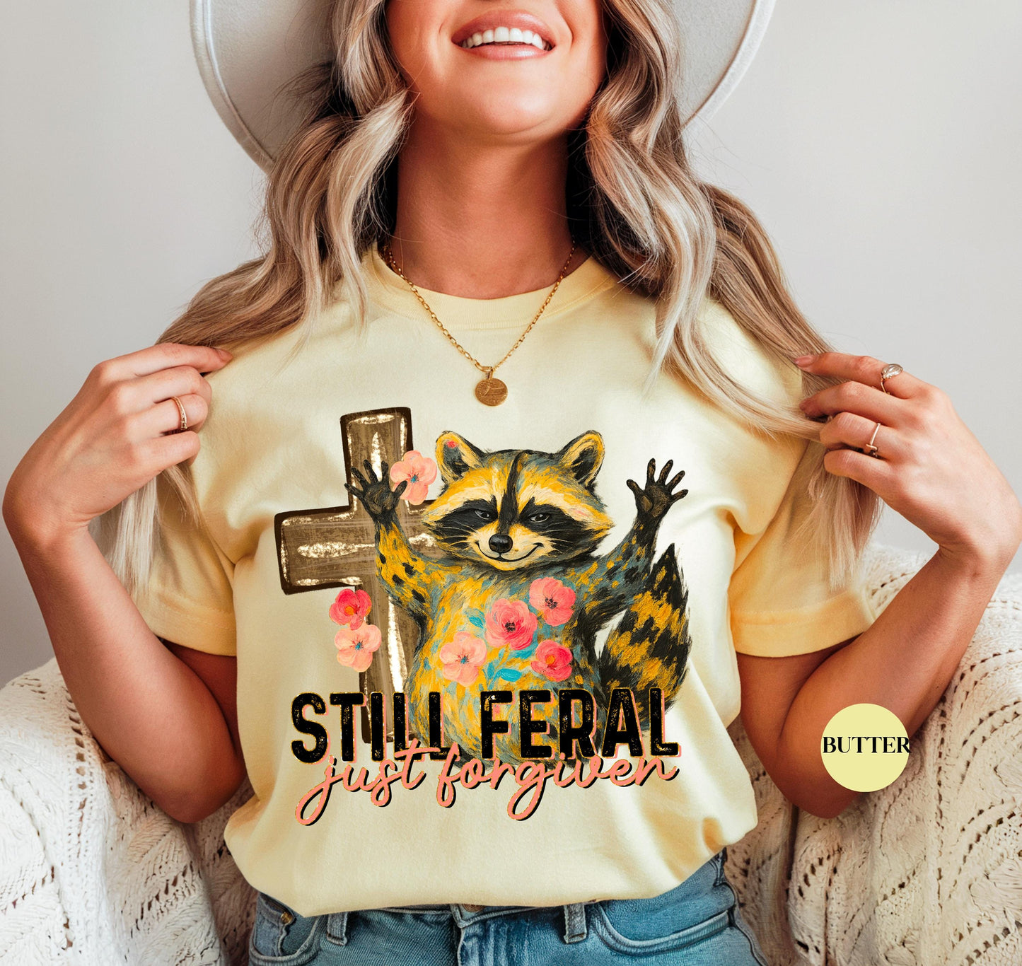 Funny Still Feral Just Forgiven Comfort Colors® Shirt | Christian Raccoon TShirt | Vintage Funny Faith Shirt | Religious Apparel Shirt Tee