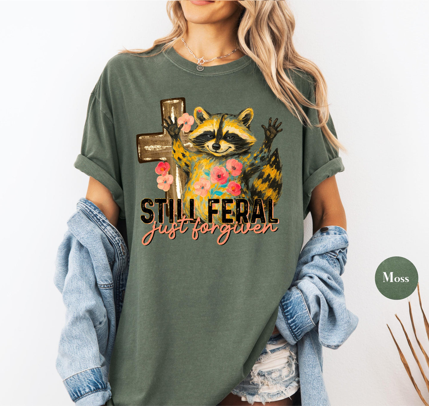Funny Still Feral Just Forgiven Comfort Colors® Shirt | Christian Raccoon TShirt | Vintage Funny Faith Shirt | Religious Apparel Shirt Tee