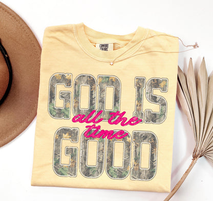 Camo God Is Good Comfort Colors® T Shirt | All The Time Camouflage God Is Good Christianity TShirt | Christian Faith Hunting Shirt Tee