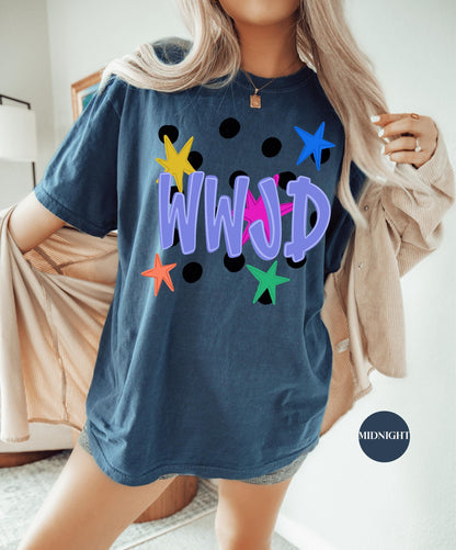 WWJD Comfort Colors® Shirt | Christianity Faith Tshirt Shirt | Catholic Godly Religious Retro Shirt | Stars And Spots Trendy Church Tee