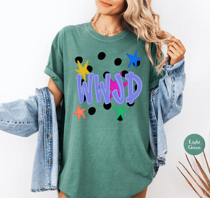 WWJD Comfort Colors® Shirt | Christianity Faith Tshirt Shirt | Catholic Godly Religious Retro Shirt | Stars And Spots Trendy Church Tee