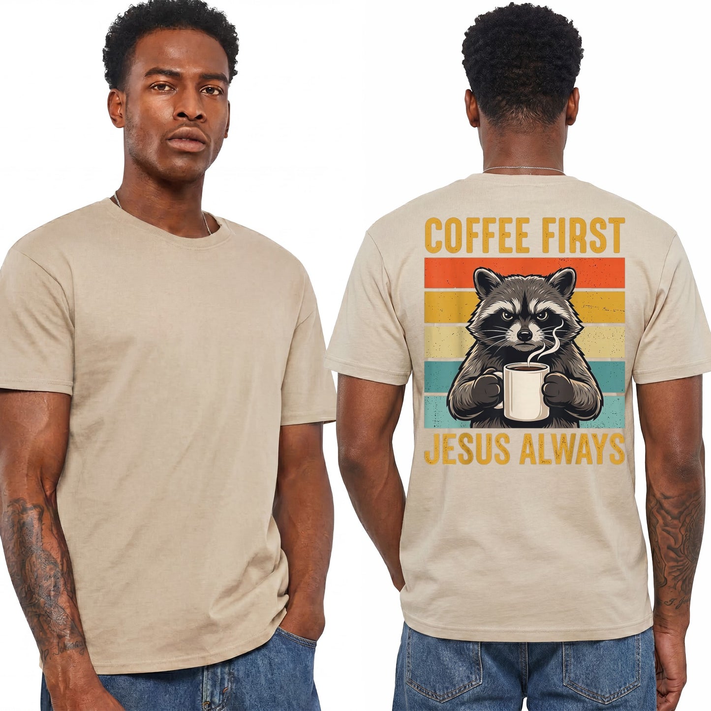 Coffee First Jesus Always Shirt Funny Raccoon Graphic Tee Christian Coffee Lover Gift