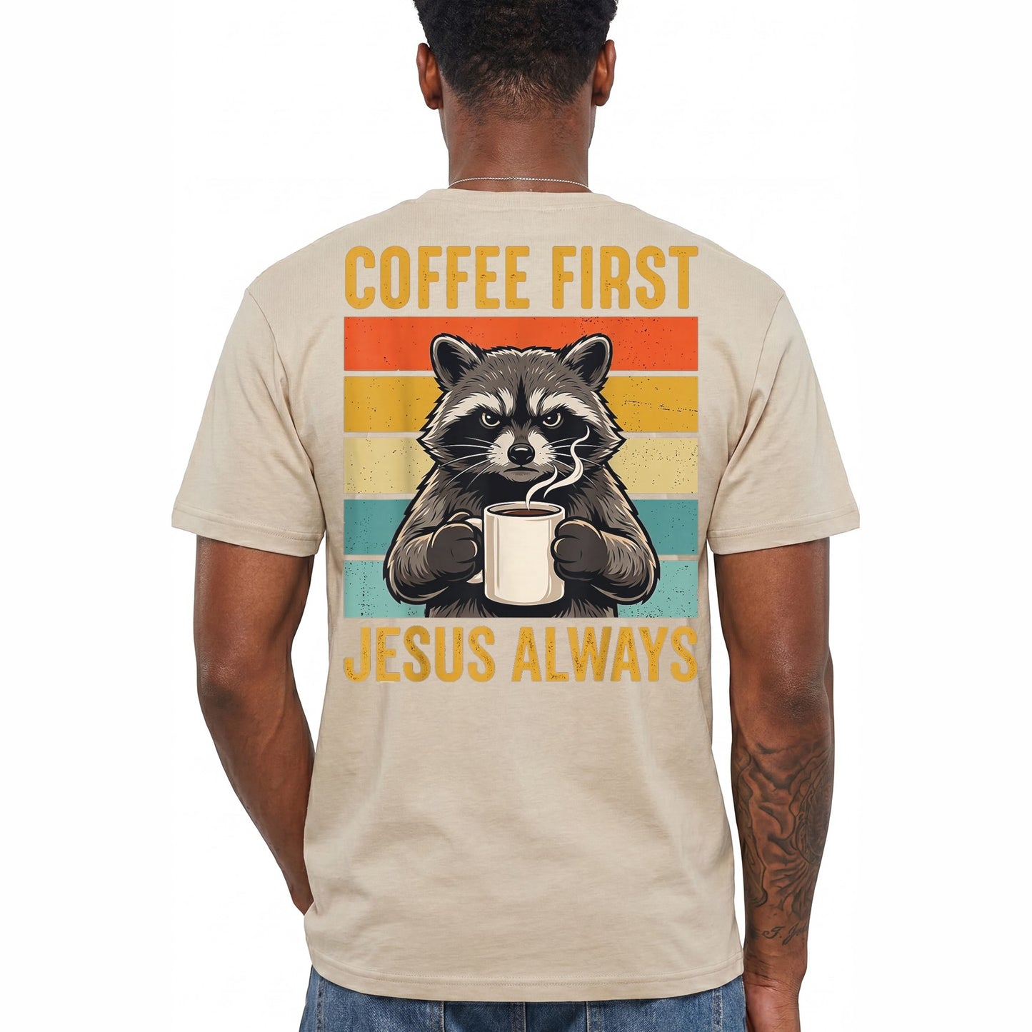 Coffee First Jesus Always Shirt Funny Raccoon Graphic Tee Christian Coffee Lover Gift