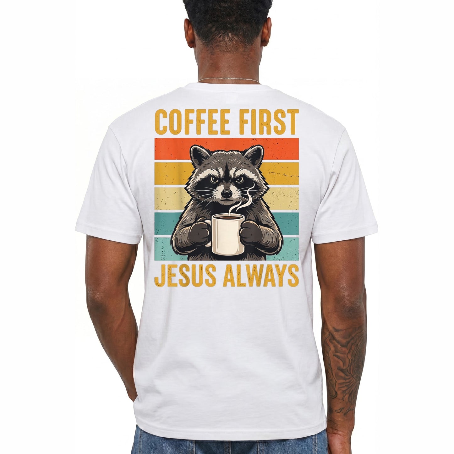 Coffee First Jesus Always Shirt Funny Raccoon Graphic Tee Christian Coffee Lover Gift