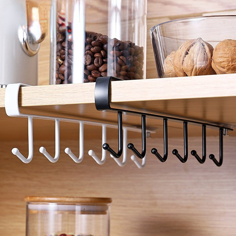 6 Hooks Storage Shelf Metal Under Shelves Hanging Rack Cup Utensils Holder - Image 2