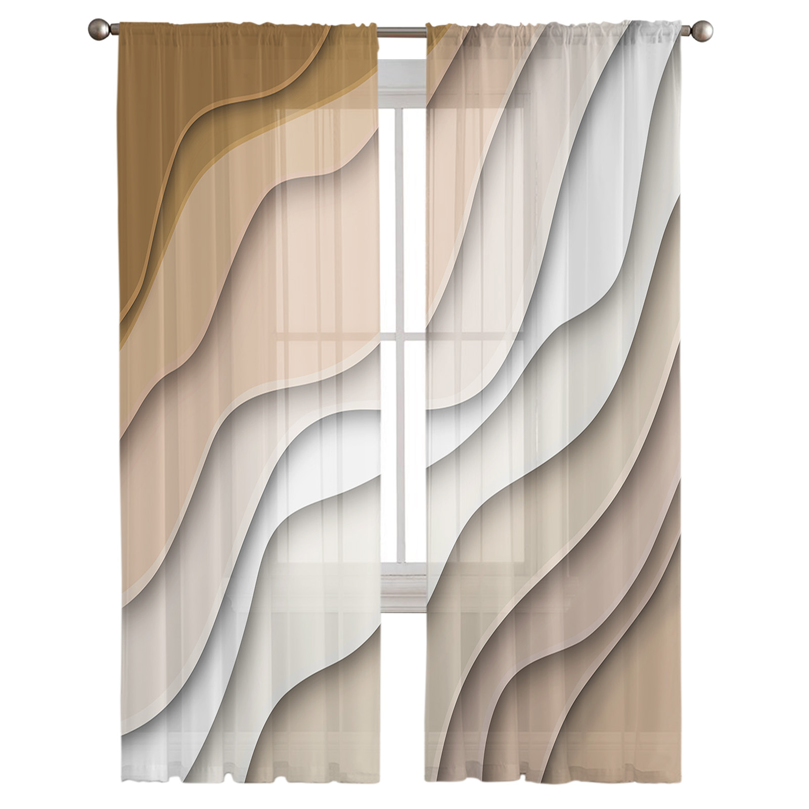 Beige Gradient Geometric Abstract Voile Curtains - Image 2