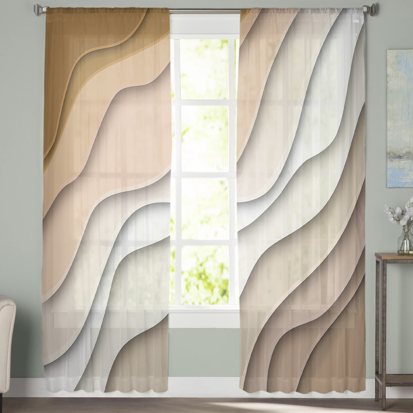 Beige Gradient Geometric Abstract Voile Curtains - Image 3