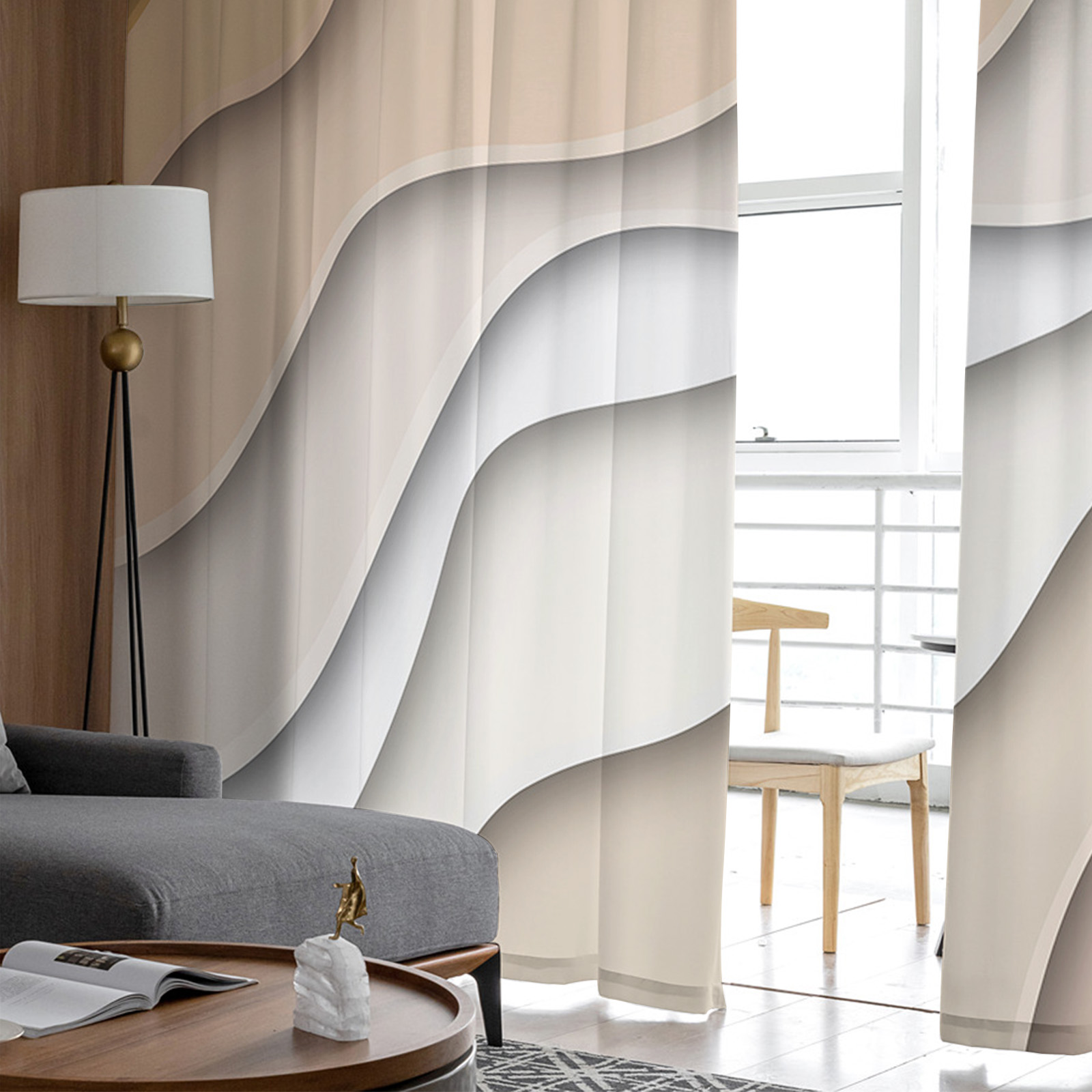 Beige Gradient Geometric Abstract Voile Curtains - Image 4