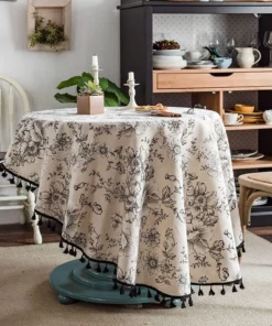 Alternative view of Cotton Linen Table Cloth Round Tablecloth with Tassel Dust-Proof Floral