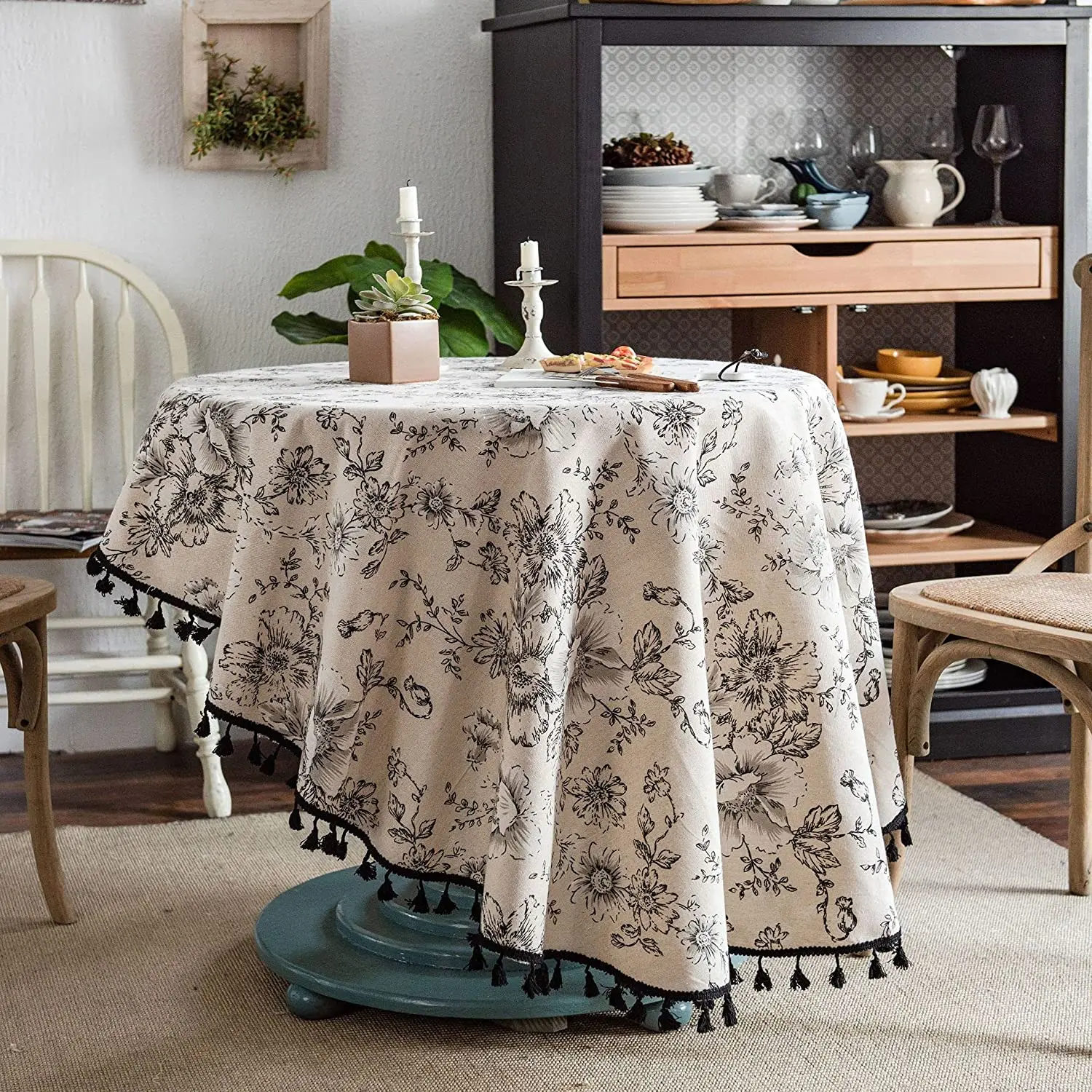 Cotton Linen Table Cloth Round Tablecloth with Tassel Dust-Proof Floral - Image 2
