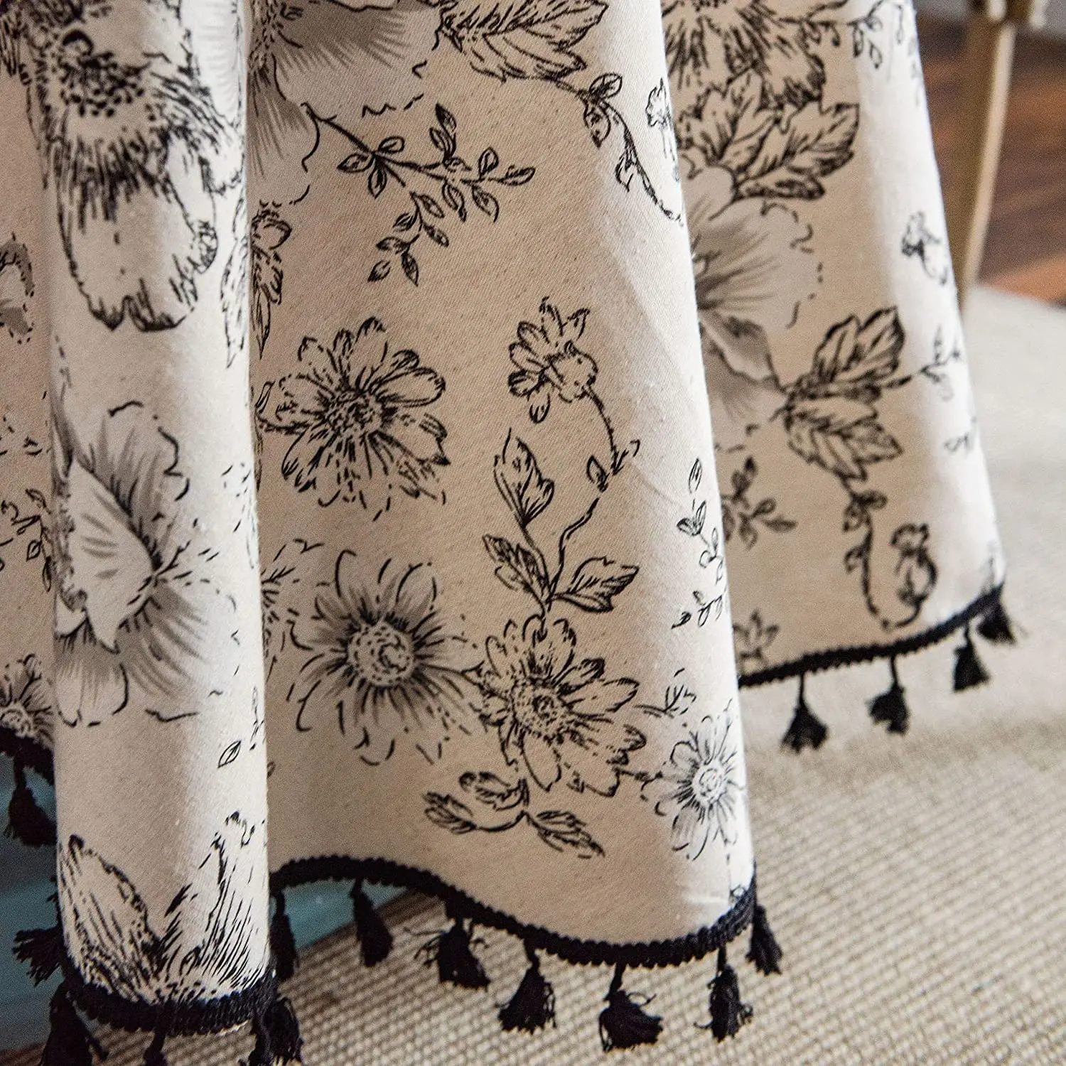 Cotton Linen Table Cloth Round Tablecloth with Tassel Dust-Proof Floral - Image 4