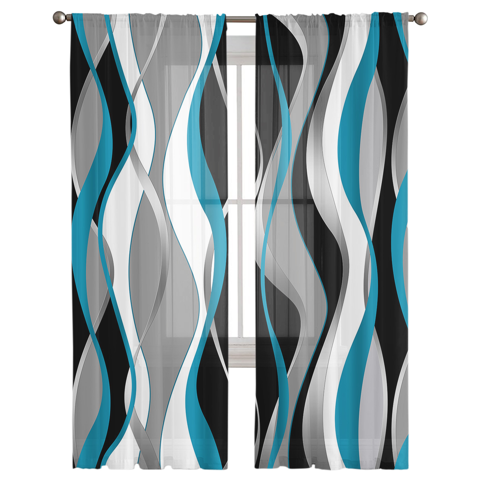 Abstract Gradient Turquoise Tulle Voile Curtains - Image 2