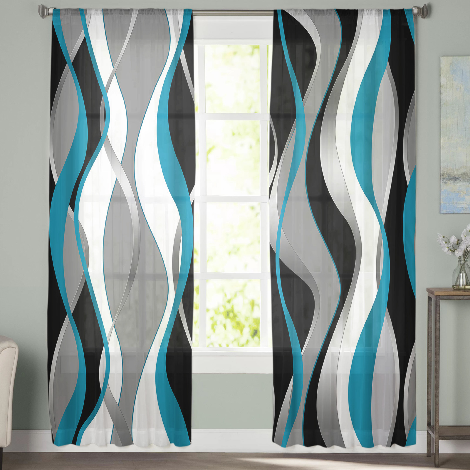 Abstract Gradient Turquoise Tulle Voile Curtains - Image 3