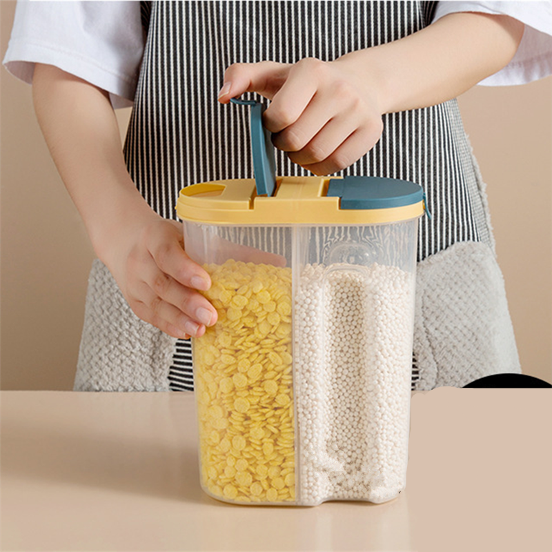 Large Blue Double Grid Cereals Jar Plastic Food Storage with Lids