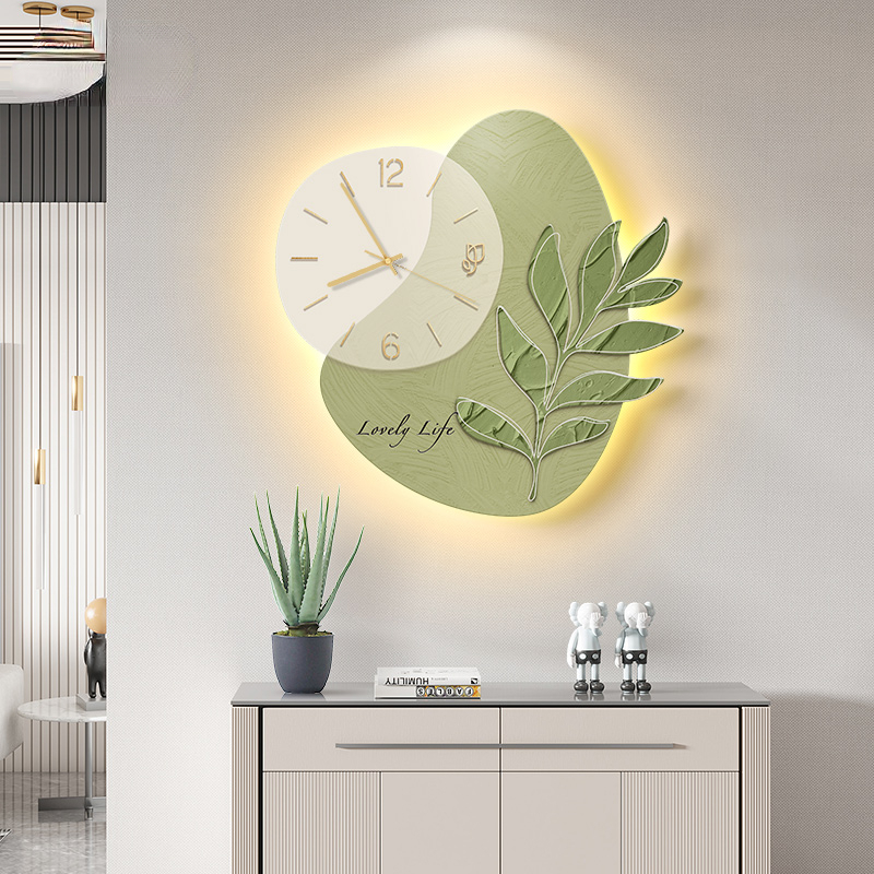 LED Lights Decorative Wall Clock Glowing Green Leaf - Image 2