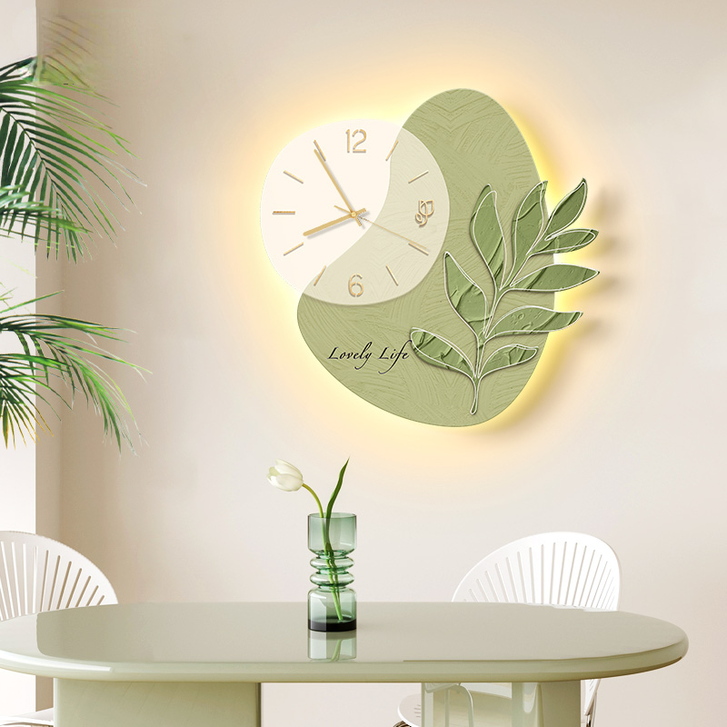 LED Lights Decorative Wall Clock Glowing Green Leaf