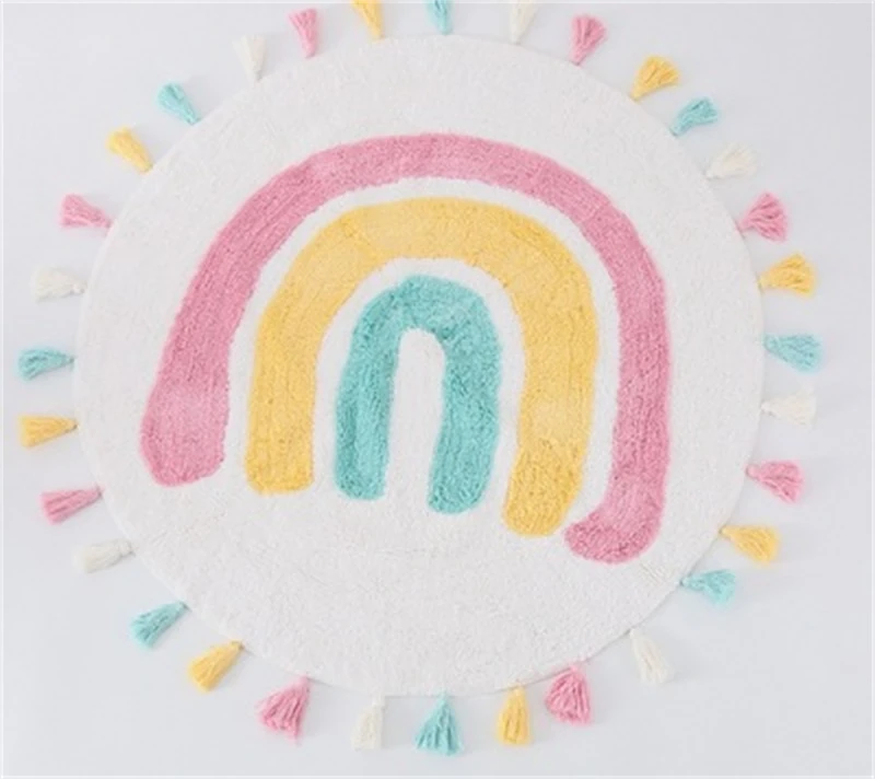 Rainbow Tassel Rugs Kids Room Floor Carpet Thick, Round - Image 2
