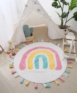Rainbow Tassel Rugs Kids Room Floor Carpet Thick, Round