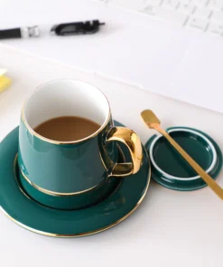 Ceramic Mug With Lid Spoon And Saucer Lovers Coffee Mug, Green