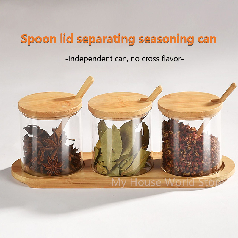 Set 3 PCS Glass Spice Organizer Jars with Spoon Lid - Image 2