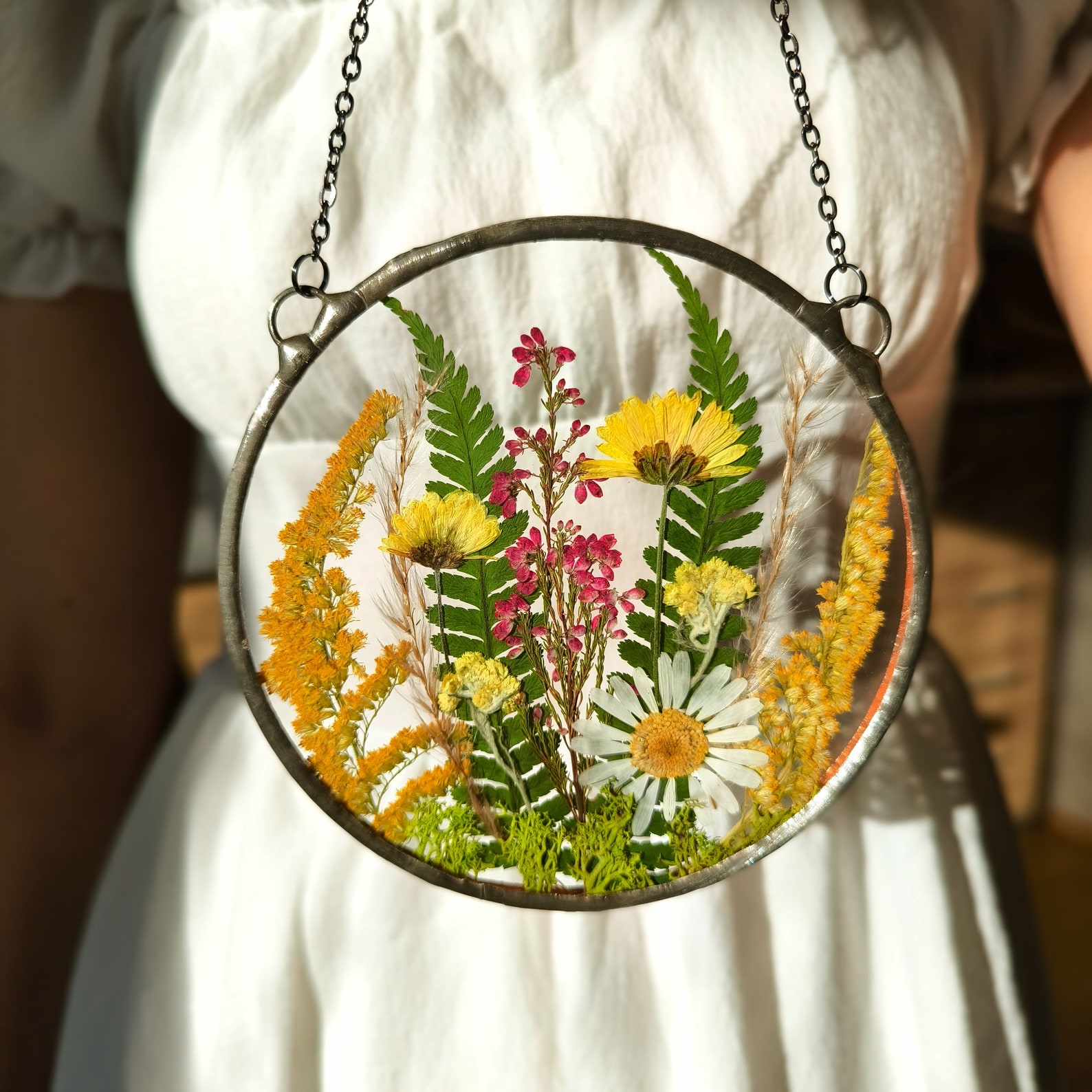 Pressed Flower Suncatcher, Original Artwork - Real Pressed Wildflower In Frame - Image 2