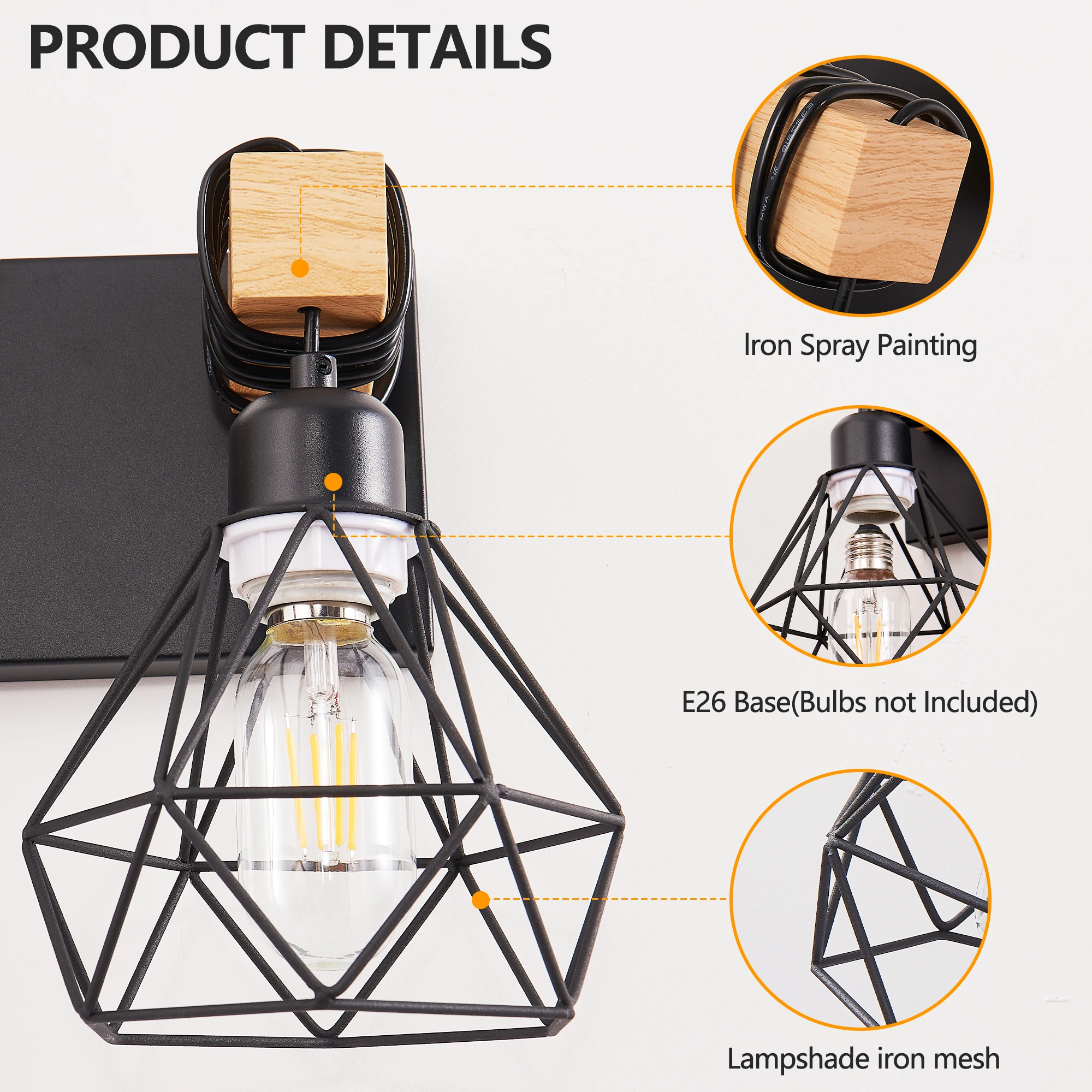 Vanity Wall Light | Cage Farmhouse Geometric Style | Black Iron Metal | E26 Bulb Socket | Ideal for Bathroom, Hallway, Bedroom - Image 3