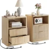 Fluted Night Stand Set Of 2, Modern Nightstand With Charging Station, Drawers And Open Shelves-Bedside Table For Bedroom