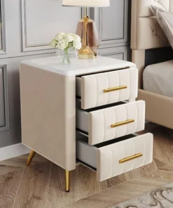 Velvet Nightstand with 3 Drawers, Upholstered Nightstand with Faux Marble Top, Bedside Table Furniture,End Table with Metal Legs