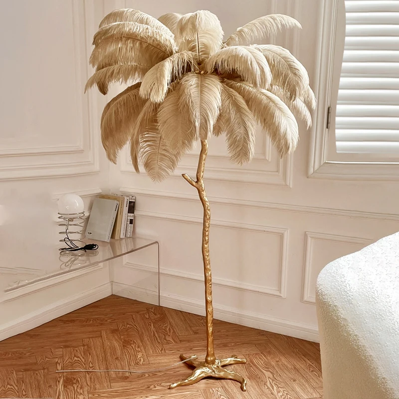 Nordic Ostrich Feather Led Floor Lamp Copper Resin Living Room Home Decor Indoor Lighting Bedroom Bedside Standing Table Light - Image 2