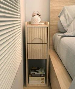 Alternative view of Fluted Nightstand Set of 2, Wood 2 Drawer Narrow Nightstand, Slim Side Table, Modern Boho End Bedside Table, Natural Wood