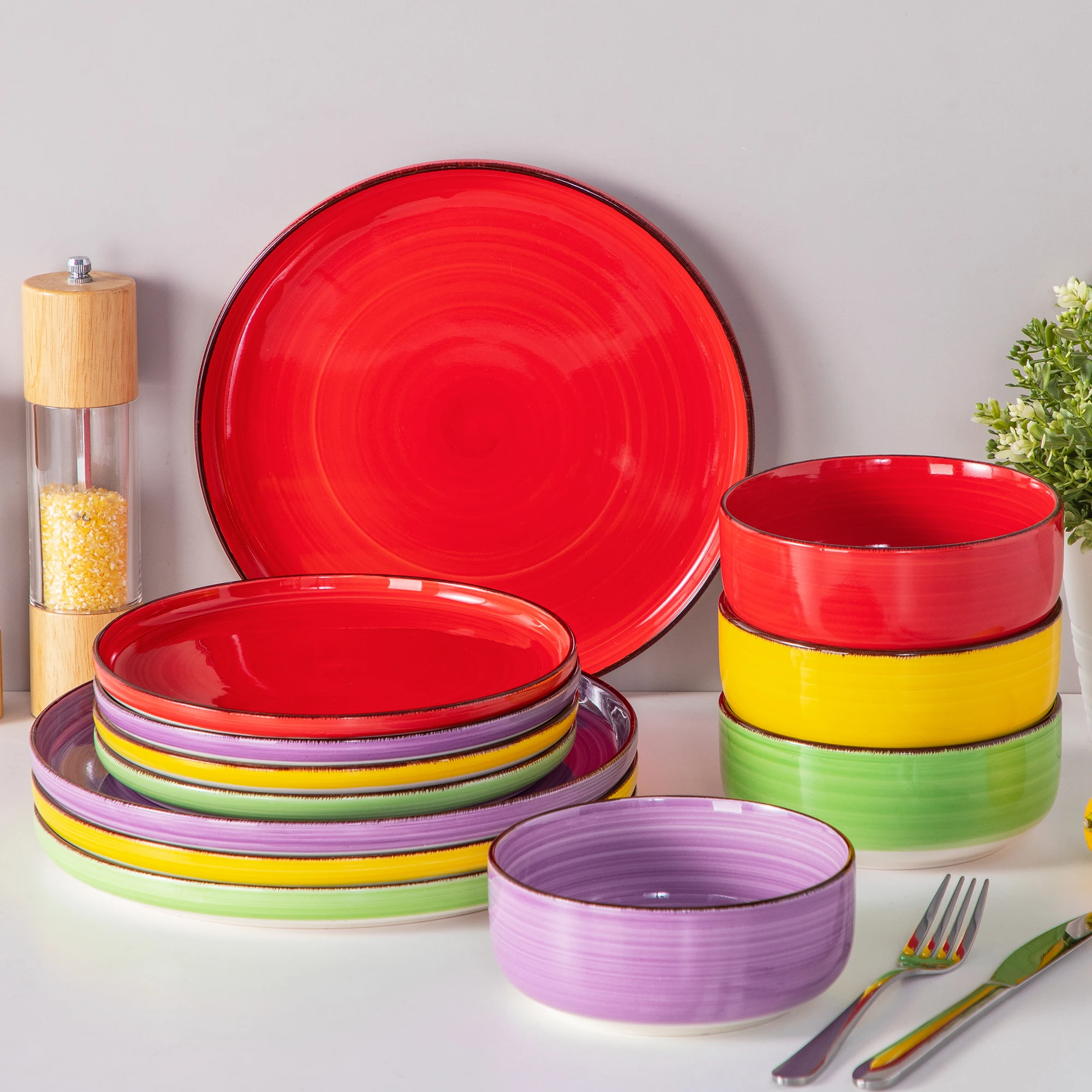 12/18/24PCS Ceramic Plate Set Mix-Color Handpainted Spirals Pattern 4/6PCS Dinner Plates/Dessert/Bowl/Soup Plates