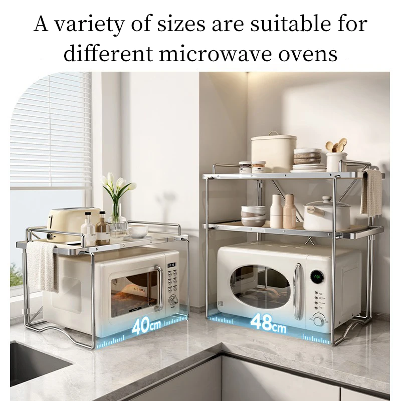 2-layer Microwave Oven Storage Rack Retractable Countertop Gadget Set Floor Stand Kitchen Seasoning Holder Spicy Organizer Shelf - Image 5