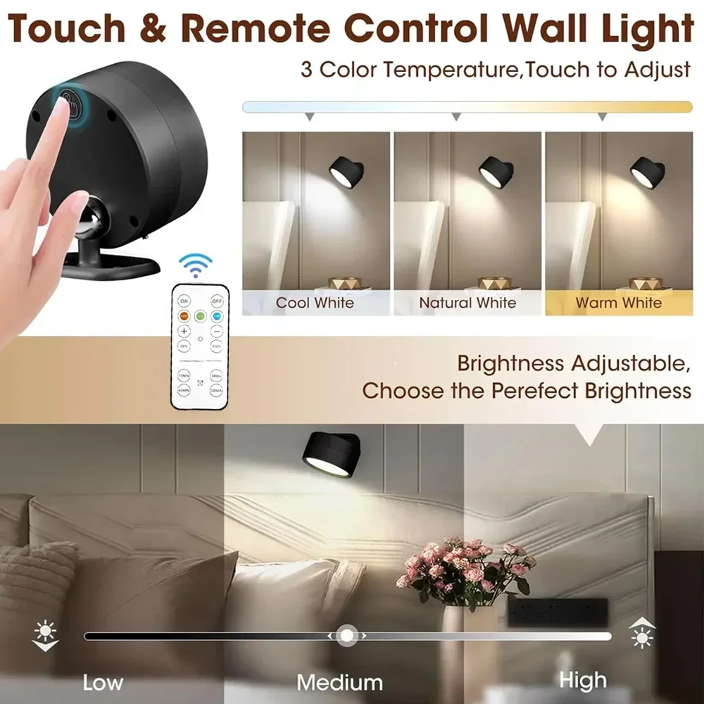 LED Wall Mounted Lights with Remote Wireless Magnetic Wall Sconces 3 Color Dimmable USB Rechargeable for Bedroom Bedside Light - Image 3