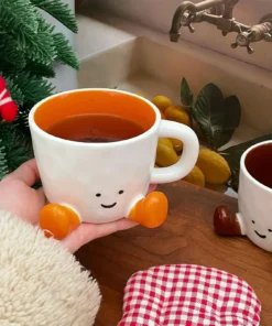 1pcs Happy Face Coffee Mug With Handle Ceramic Coffee Cup With Cute Feet Water Cups Birthday Gifts Office & Home Decors