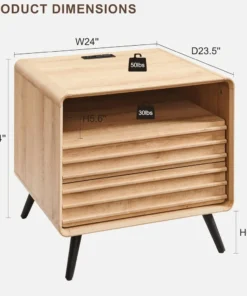 Alternative view of 24" Mid-Century Fluted Nightstand - Wooden End Table with Charging Station, 2 Drawers & Open Cubby Storage