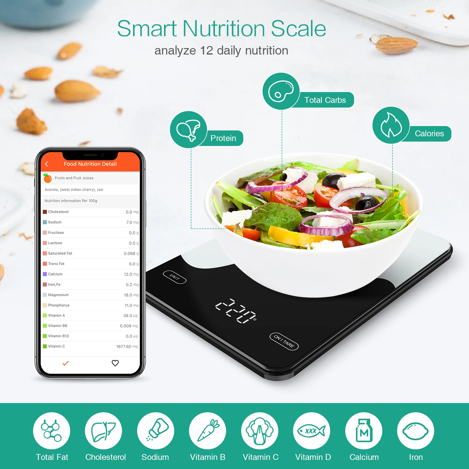 Digital Food Scale 10kg/1g Kitchen Scales with Nutrition Calculator APP Rechargeable Gram Scale for Weight Loss Baking Scale - Image 5