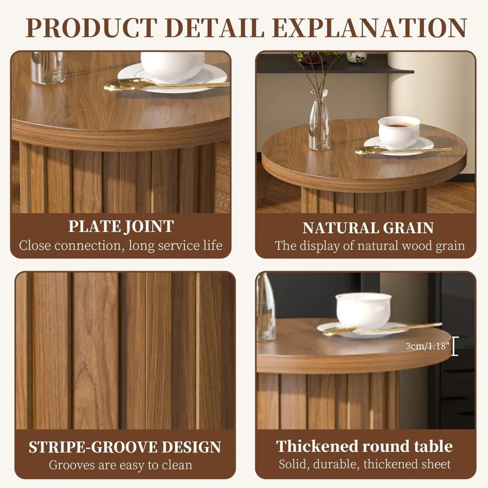 Rustic Round Pedestal Side Table with Fluted Panel for Small Living Spaces in Walnut Finish - Image 4