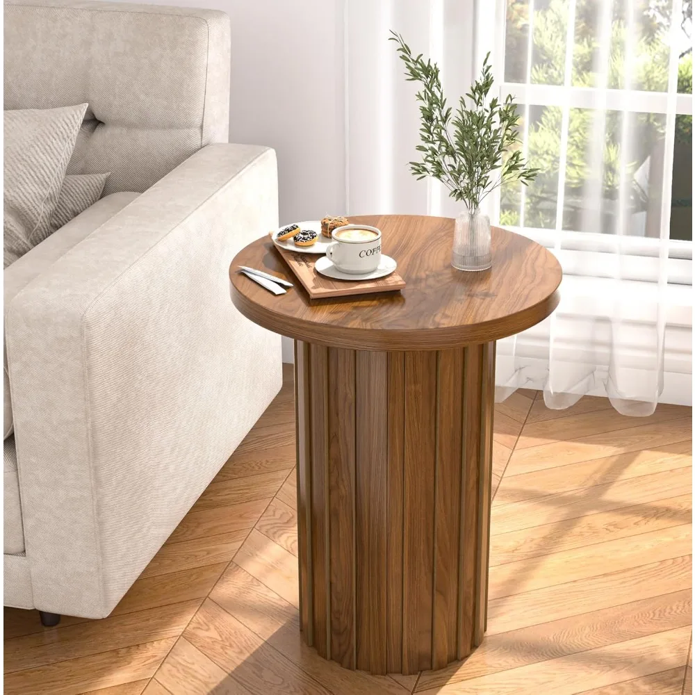 Rustic Round Pedestal Side Table with Fluted Panel for Small Living Spaces in Walnut Finish